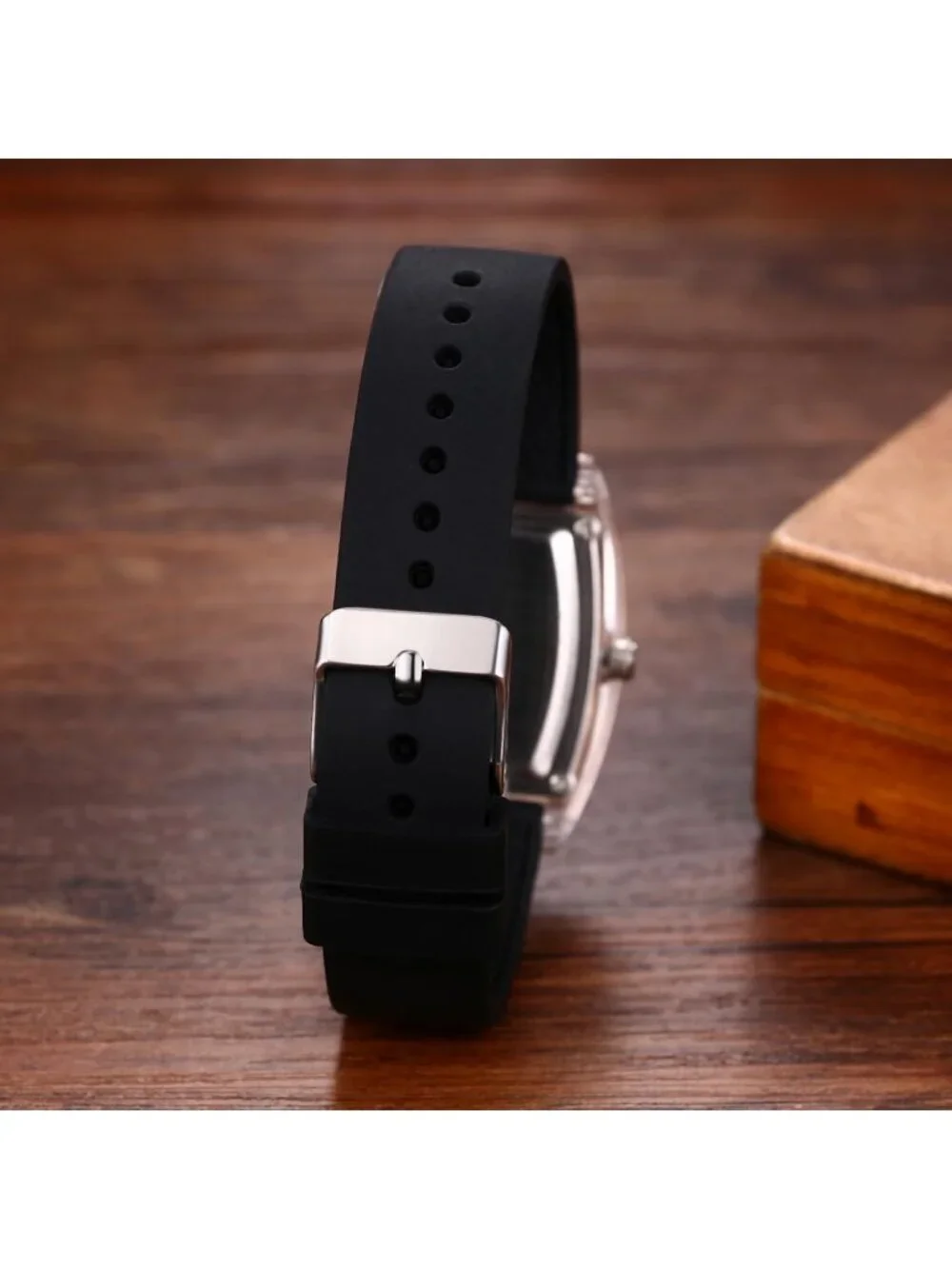 Women's Black Analog Quartz Tonneau Dial Adjustable Band Silicone Wrist Watch